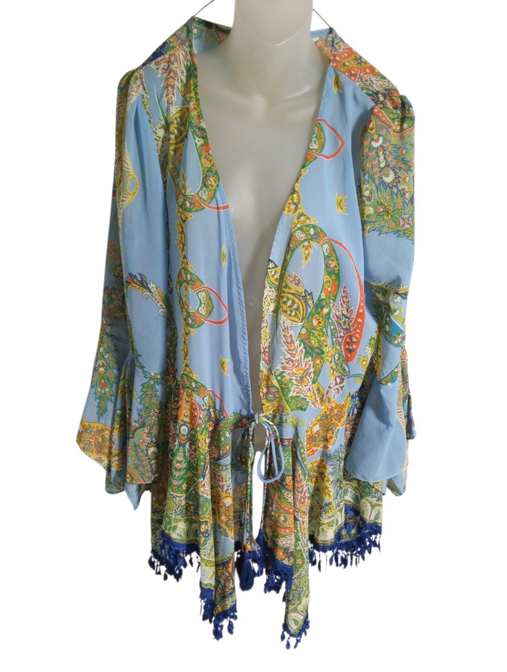 Umgee Floral Paisley Handkerchief Sleeve Tassel Hem Kimono Layer Piece Sz 1XL - Picture 2 of 9